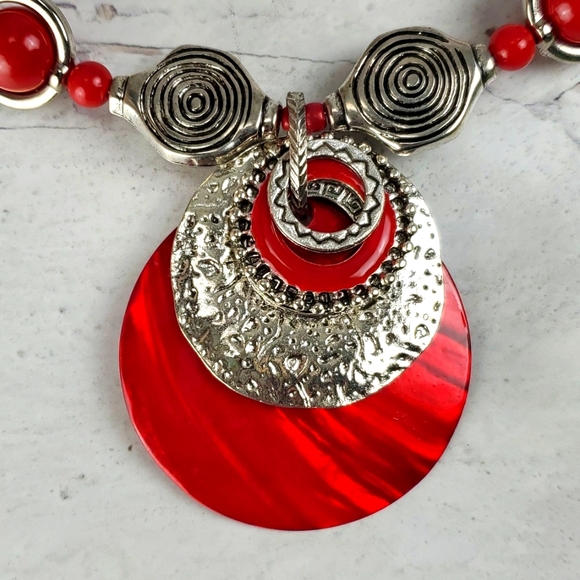 Zevar by Treska | Vibrant Silver and Red Folk Art Choker Necklace - Picture 2 of 5